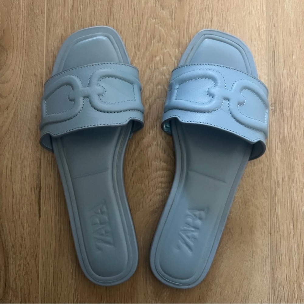 ZARA Light Baby Blue Leather Slide Sandal Size US 7